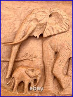 Vtg Artisan Elephant Wood Carving Naive Wall Hanging Plaque By Jean Obeirne