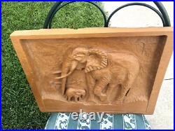 Vtg Artisan Elephant Wood Carving Naive Wall Hanging Plaque By Jean Obeirne