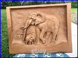 Vtg Artisan Elephant Wood Carving Naive Wall Hanging Plaque By Jean Obeirne