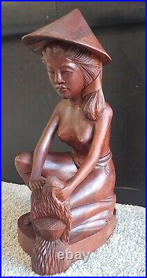 Vtg. Bali Hand Carved Wood Statue Woman Indonesian Bare Chested 13.5 X 5.5
