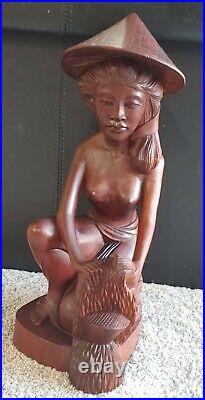 Vtg. Bali Hand Carved Wood Statue Woman Indonesian Bare Chested 13.5 X 5.5
