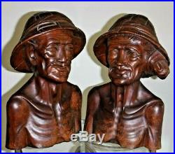Vtg Bali Heavy Wood Carving Art Busts Pair of Fisherman and Woman 12
