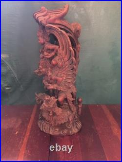 Vtg Balinese Carved Wood Sculpture Vishnu Riding Garuda Njana Tilem 18 Engraved