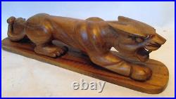Vtg CARVED WOOD Art PANTHER Jaguar Cougar Sculpture Figure
