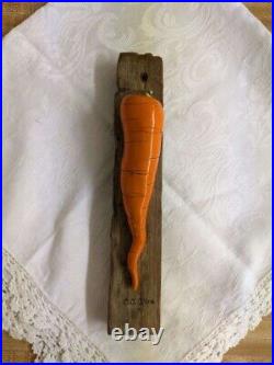 Vtg. Carol Cline Ceramics carrot on vintage barn wood sculpture signed