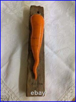 Vtg. Carol Cline Ceramics carrot on vintage barn wood sculpture signed