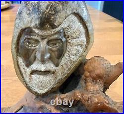 Vtg Carved Mo Ozark Limestone Mountain Man Head Wood Sculpture Ron Schroder 7/81