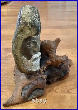 Vtg Carved Mo Ozark Limestone Mountain Man Head Wood Sculpture Ron Schroder 7/81