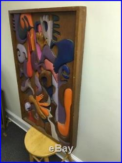 Vtg Carved Wood Relief Abstract Mosaic Wall Hanging Sculpture, Signed Blair York