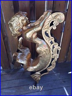 Vtg Carved Wood and Ebonized Mermaid with Gold Gilt Finish Mounted on Metal Frame