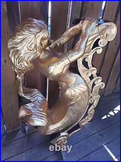 Vtg Carved Wood and Ebonized Mermaid with Gold Gilt Finish Mounted on Metal Frame
