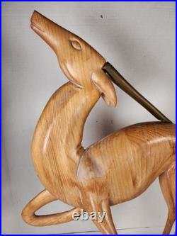 Vtg Dolbi Cashier Style Hand Wood Carved Brass Gazelle Art Deco Sculpture Statue