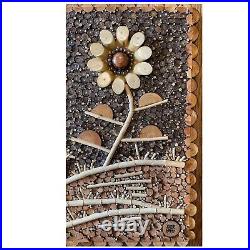 Vtg Flowers Wood Wall Art Assemblage Natural Twig Log Bark Mosaic Asian Boho MCM