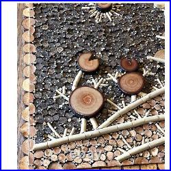 Vtg Flowers Wood Wall Art Assemblage Natural Twig Log Bark Mosaic Asian Boho MCM