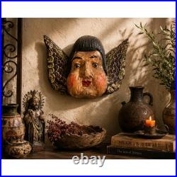 Vtg Guerrero Mexico Cacheton Winged Angel Carved Wood Folk Art Cherub Wall