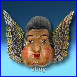 Vtg Guerrero Mexico Cacheton Winged Angel Carved Wood Folk Art Cherub Wall