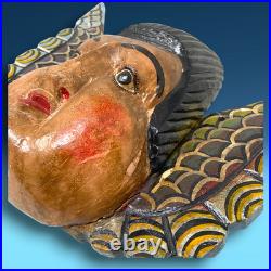 Vtg Guerrero Mexico Cacheton Winged Angel Carved Wood Folk Art Cherub Wall