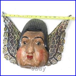 Vtg Guerrero Mexico Cacheton Winged Angel Carved Wood Folk Art Cherub Wall