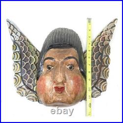 Vtg Guerrero Mexico Cacheton Winged Angel Carved Wood Folk Art Cherub Wall