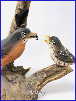Vtg Hand Carved Birds Driftwood Sculpture Painted Art Nature BT23