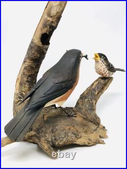 Vtg Hand Carved Birds Driftwood Sculpture Painted Art Nature BT23