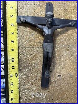 Vtg Hand Carved Ebony Wood Crucifix Cross Sculpture Jesus Christ Complete