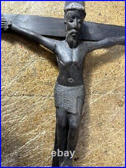 Vtg Hand Carved Ebony Wood Crucifix Cross Sculpture Jesus Christ Complete