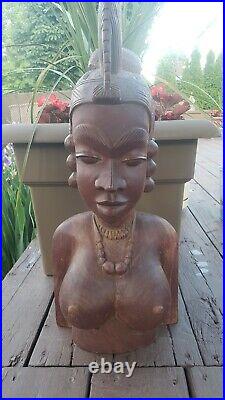 Vtg Hand Carved Wood Woman Sculpture Guinea African Art Head Statue Bust 22 tal