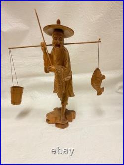 Vtg. Japanese Hand-Carved Wood Sculpture Of Fishing Man
