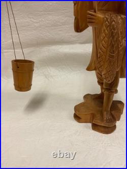 Vtg. Japanese Hand-Carved Wood Sculpture Of Fishing Man