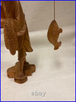Vtg. Japanese Hand-Carved Wood Sculpture Of Fishing Man