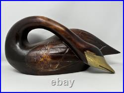 Vtg Large Mid Century Modern Wooden Swan Sculpture Goose Brass Beak 14 MCM Wood