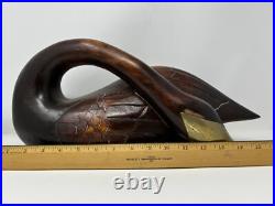 Vtg Large Mid Century Modern Wooden Swan Sculpture Goose Brass Beak 14 MCM Wood