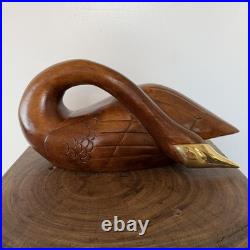 Vtg Large Mid Century Modern Wooden Swan Sculpture Goose Brass Beak 17 MCM Wood