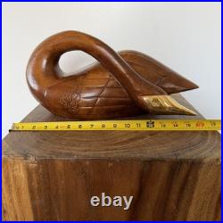 Vtg Large Mid Century Modern Wooden Swan Sculpture Goose Brass Beak 17 MCM Wood