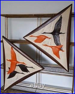Vtg Mid Century Modern Atomic Burwood 3D Flying Geese Bird Plaque Orange Pair