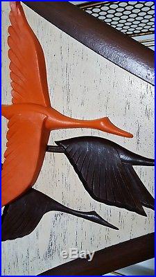 Vtg Mid Century Modern Atomic Burwood 3D Flying Geese Bird Plaque Orange Pair