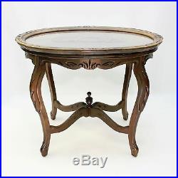 Vtg Oval Wood Side End Accent Glass Top Wooden Carving Black Forest German Table