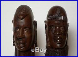 Vtg Pair of Large Hand Carved Ebony Wood African Tribal Sculpture Statue Busts