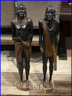Vtg Pair of Solid Carved Wood African Couple Statue Sculpture 36'' PLEASE READ