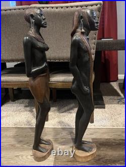 Vtg Pair of Solid Carved Wood African Couple Statue Sculpture 36'' PLEASE READ