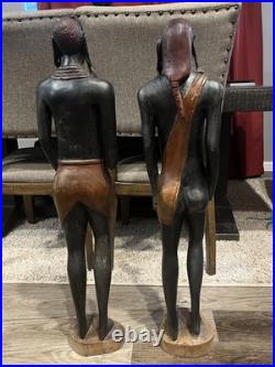 Vtg Pair of Solid Carved Wood African Couple Statue Sculpture 36'' PLEASE READ