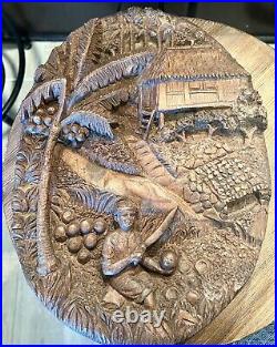 Vtg Palau Palauan Asian Storyboard Relief Wood Carving Village Scene Wall Art