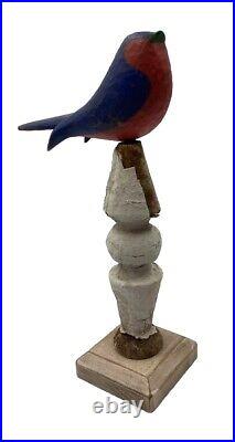 Vtg. Pennsylvania Folk Art Wood Carving Painted Bird on Stand Signed C-VP c. 1998