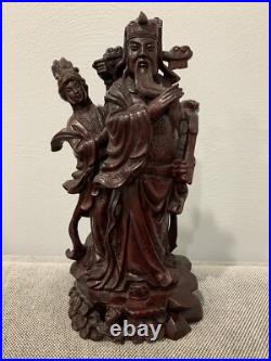 Vtg Possibly Antique Chinese Wood Carving Statue Immortal Man with Ruyi & Woman