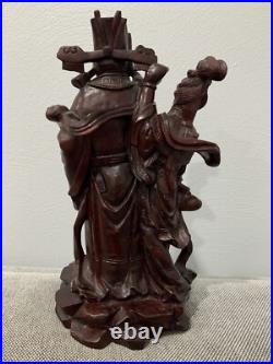 Vtg Possibly Antique Chinese Wood Carving Statue Immortal Man with Ruyi & Woman