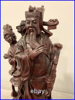 Vtg Possibly Antique Chinese Wood Carving Statue Immortal Man with Ruyi & Woman