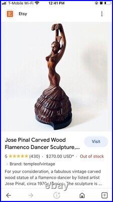 Vtg Rare Jose Pinal Carved Wood Flamenco Dancer MCM Sculpture Mexico SIGNED