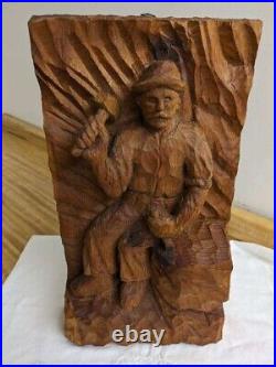 Vtg. Wood carving man with chisel. Signed E. Scola'79