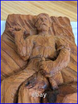 Vtg. Wood carving man with chisel. Signed E. Scola'79